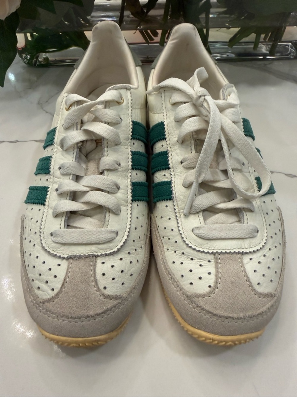 adidas Japan Leather Sneakers in White and Green with Gum Sole - Picture 2 of 6